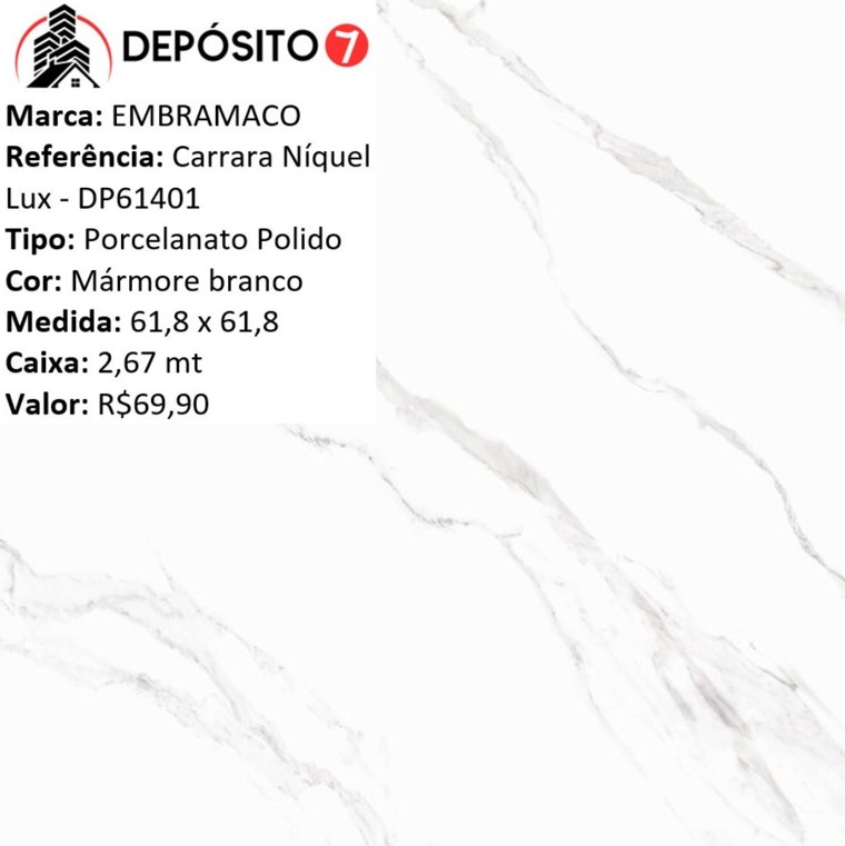 EMBRAMACO PORCELANATO POLIDO 61,8X61,8 DP61401 CARRARA N�QUEL LUX (CAIXA COM 2,67MT)