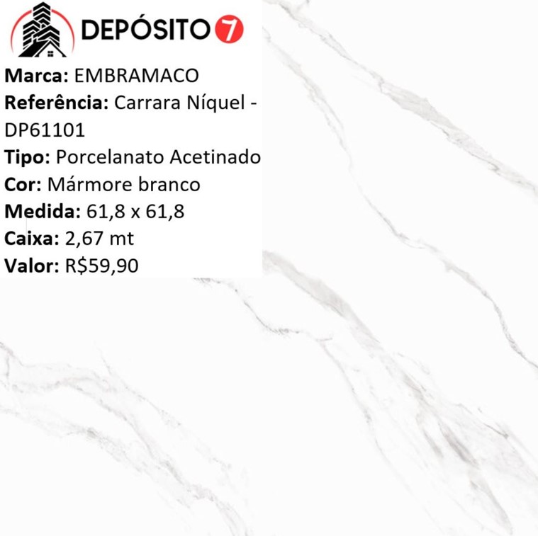 EMBRAMACO PORCELANATO ACETINADO 61,8X61,8 DP61101 CARRARA N�QUEL (CAIXA COM 2,67MT)