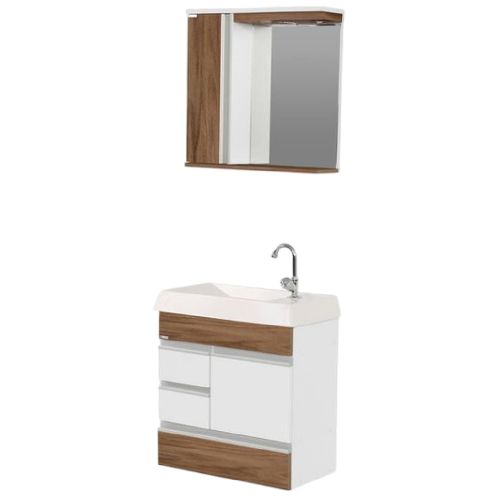 RORATO - KIT N�POLE SUSPENSO 59,5CM 2 GAVETAS C/ PIA E ESPELHO NOGAL SEVILHA